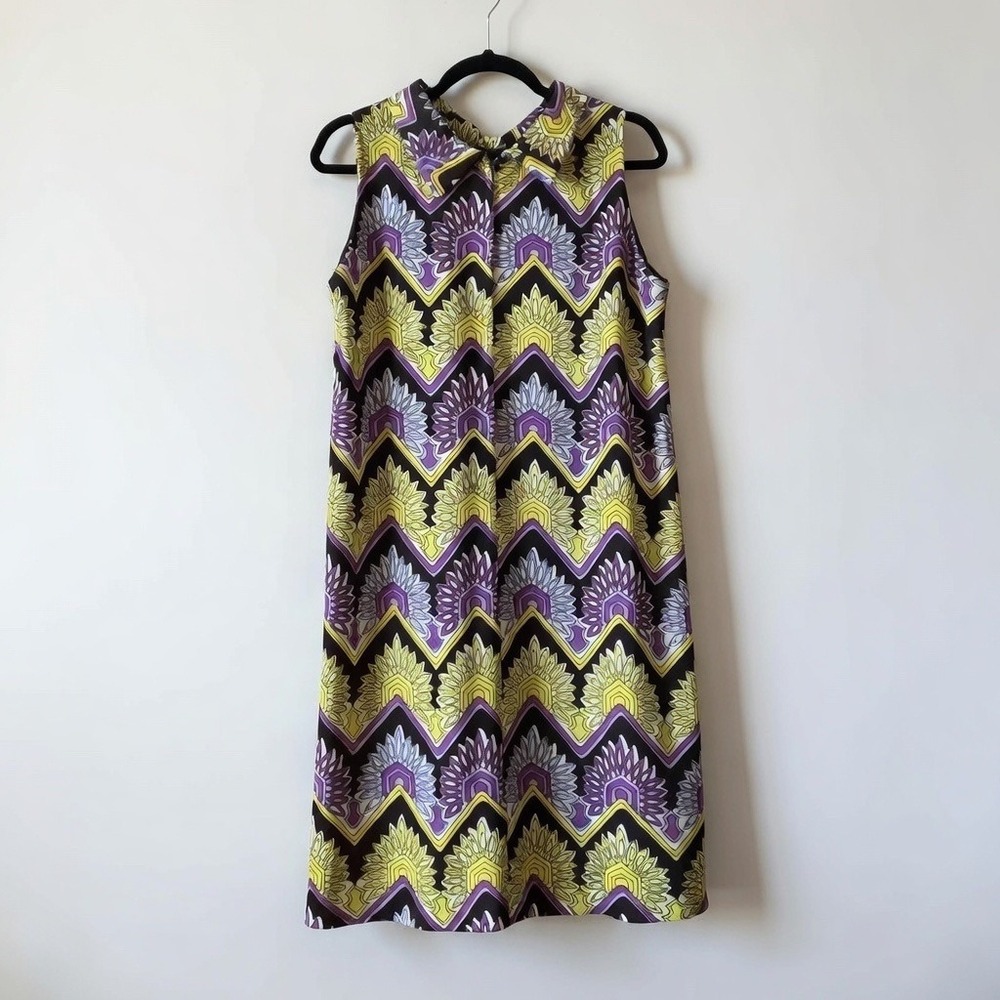 Vintage Geometric Chevron‎ Floral Shift Dress Purple Yellow Sleeveless L